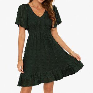 BTFBM Dark Forest Green Mini Dress with Textured Details & Smocked Bodice Sz M